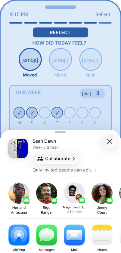 Reflect screen — keyboard open for tomorrow's intention